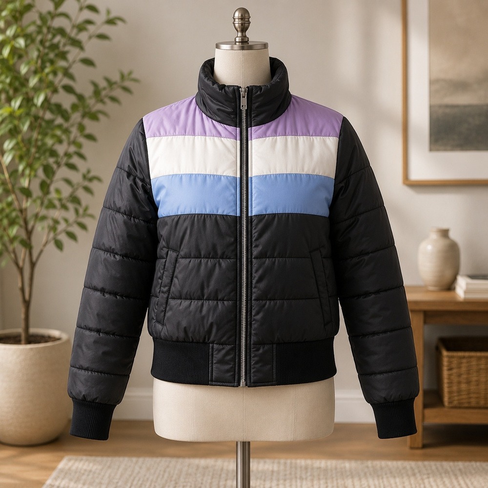 Popsugar Puffer Jacket Womens Small Black Colorblock Quilted Full Zip Bomber